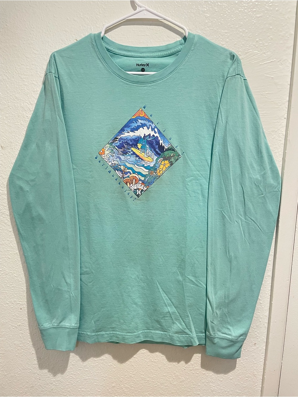 Hurley Surf Graphic Long Sleeve Tee Shirt Men's Medium Mint Green M
